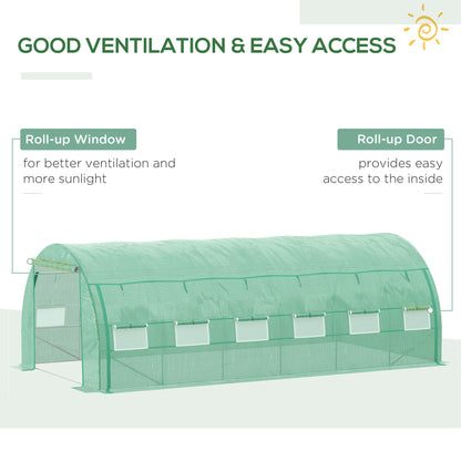 Polytunnel Greenhouse Walk-in Grow House Tent with Roll-up Sidewalls, Zipped Door and 12 Windows, 6x3x2m Green