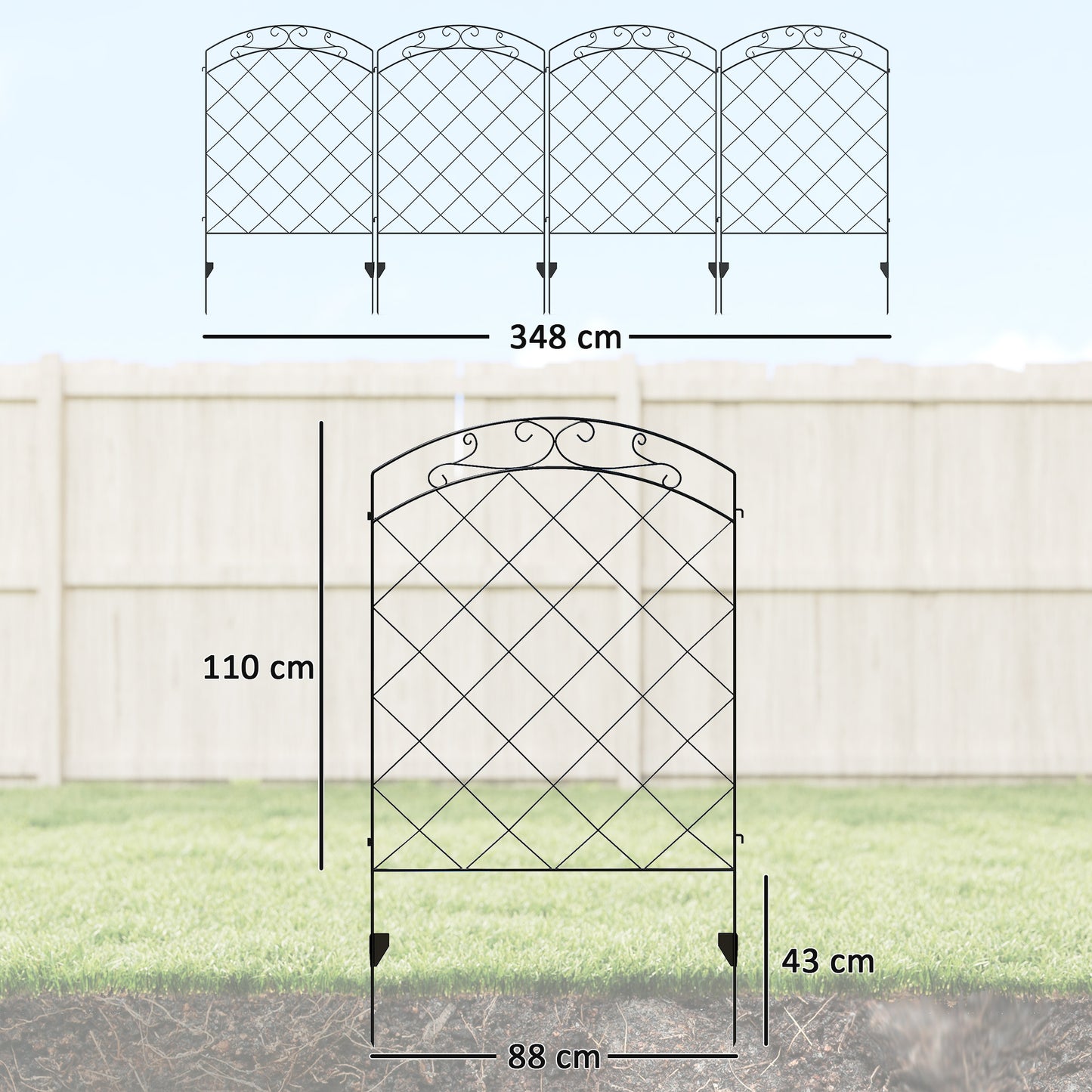 Steel Decorative Swirls Outdoor Picket Fence Panels Set of 4, Black