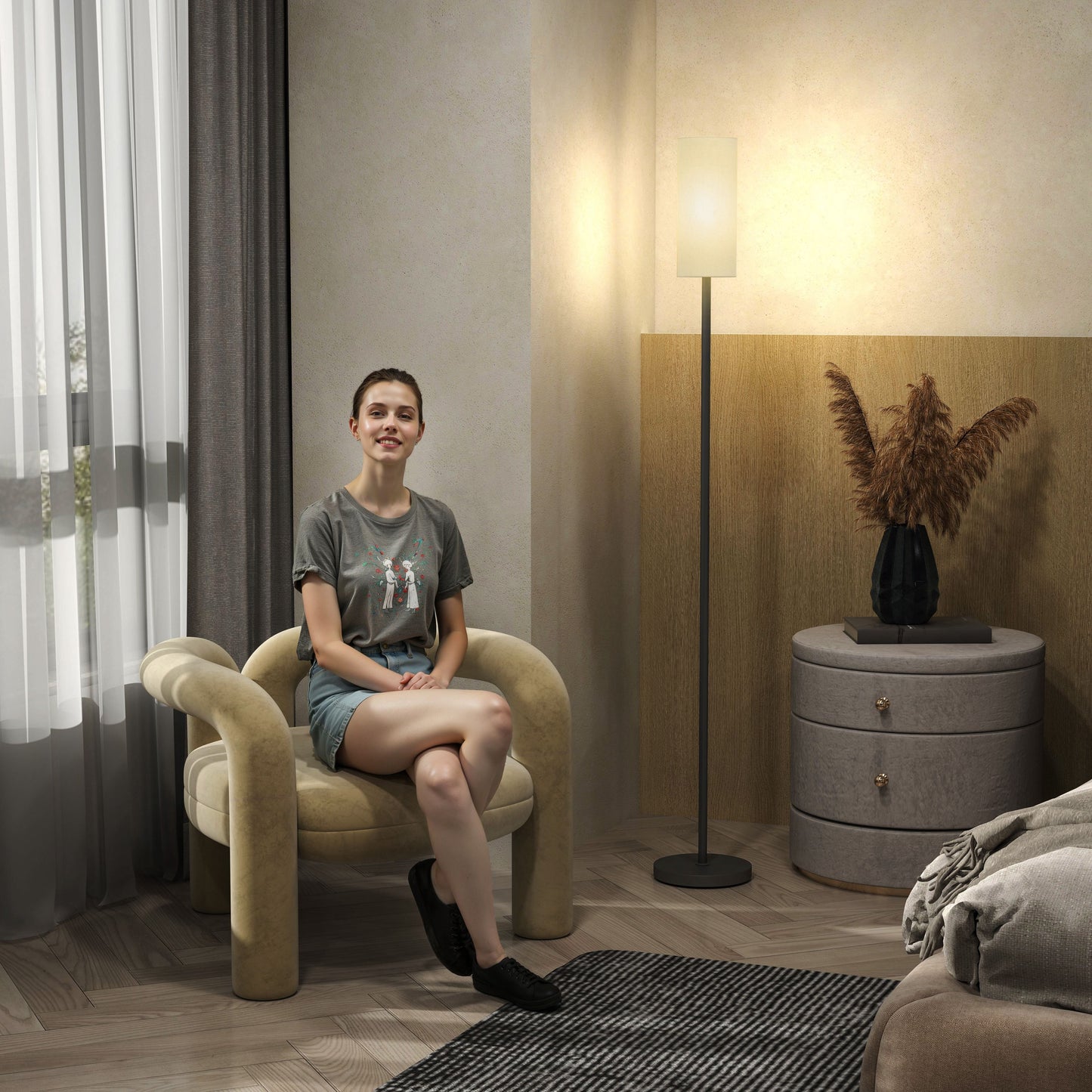 Floor Lamp for Living Room, Modern Standing Lamp with Linen Shade & Foot Switch, Minimalist Tall Pole Lampshade for Bedroom