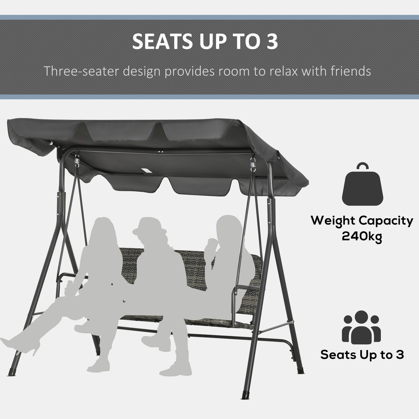 3-Seater Outdoor PE Rattan Swing Chair, Patio Wicker Hanging Swing Bench with Steel Frame Stand & Adjustable Canopy, Grey