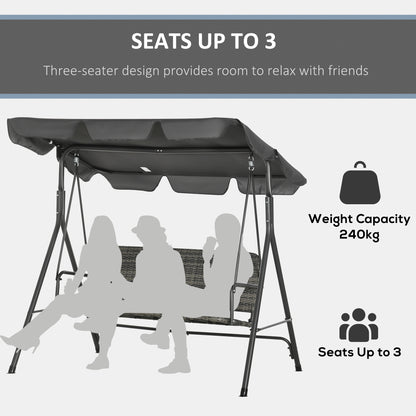 3-Seater Outdoor PE Rattan Swing Chair, Patio Wicker Hanging Swing Bench with Steel Frame Stand & Adjustable Canopy, Grey