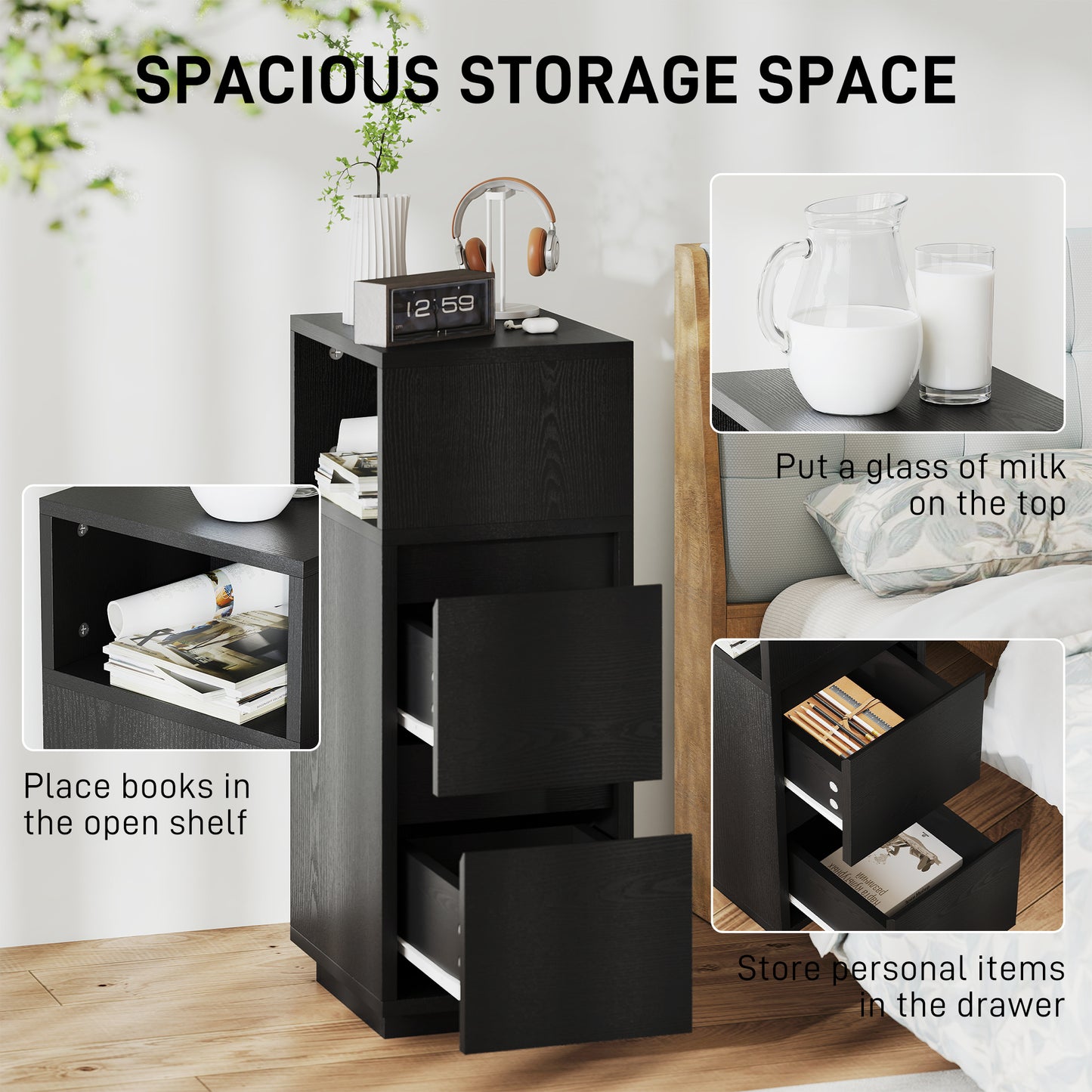 Slim Bedside Table, Narrow Bedside Cabinet with Open Shelf and 2 Drawers for Bedroom, Living Room, Black