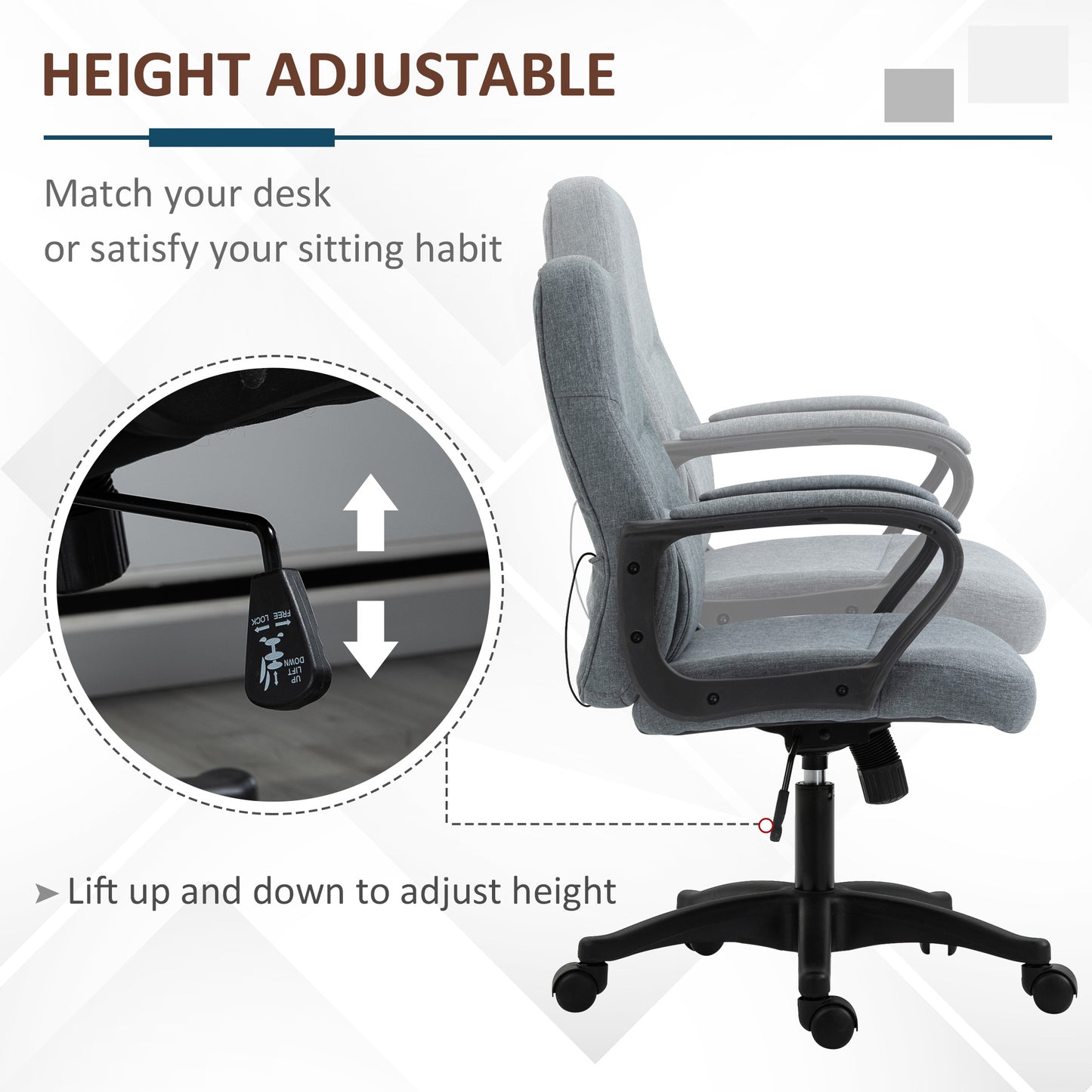 Office Chair, Fabric Desk Chair Mid Back Work Study Chair with Massage Lumbar Support, Adjustable Height and Swivel Wheels