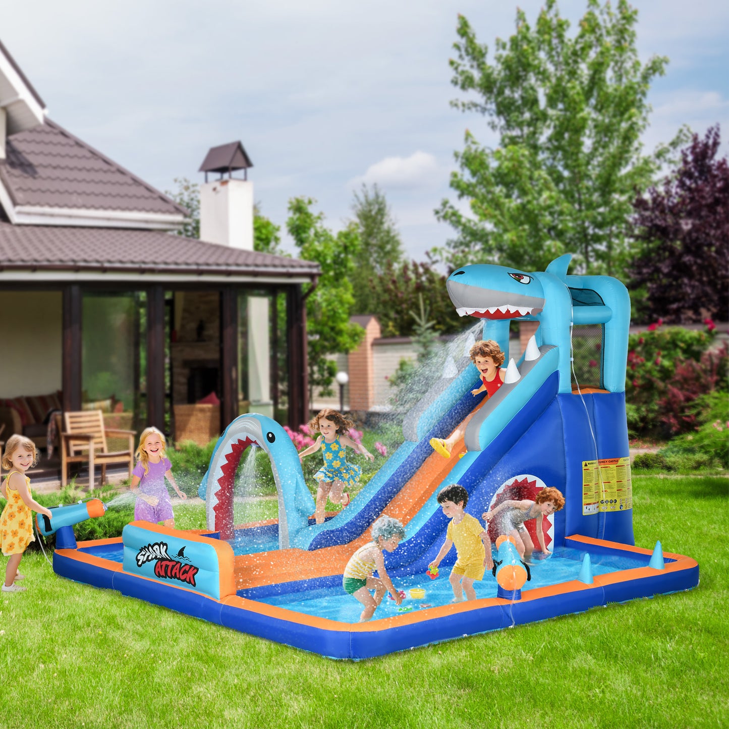 6 in 1 Shark-Themed Bouncy Castle, Inflatable Water Park, with Slide, Pool, Trampoline, Blower, for Ages 3-8 Years