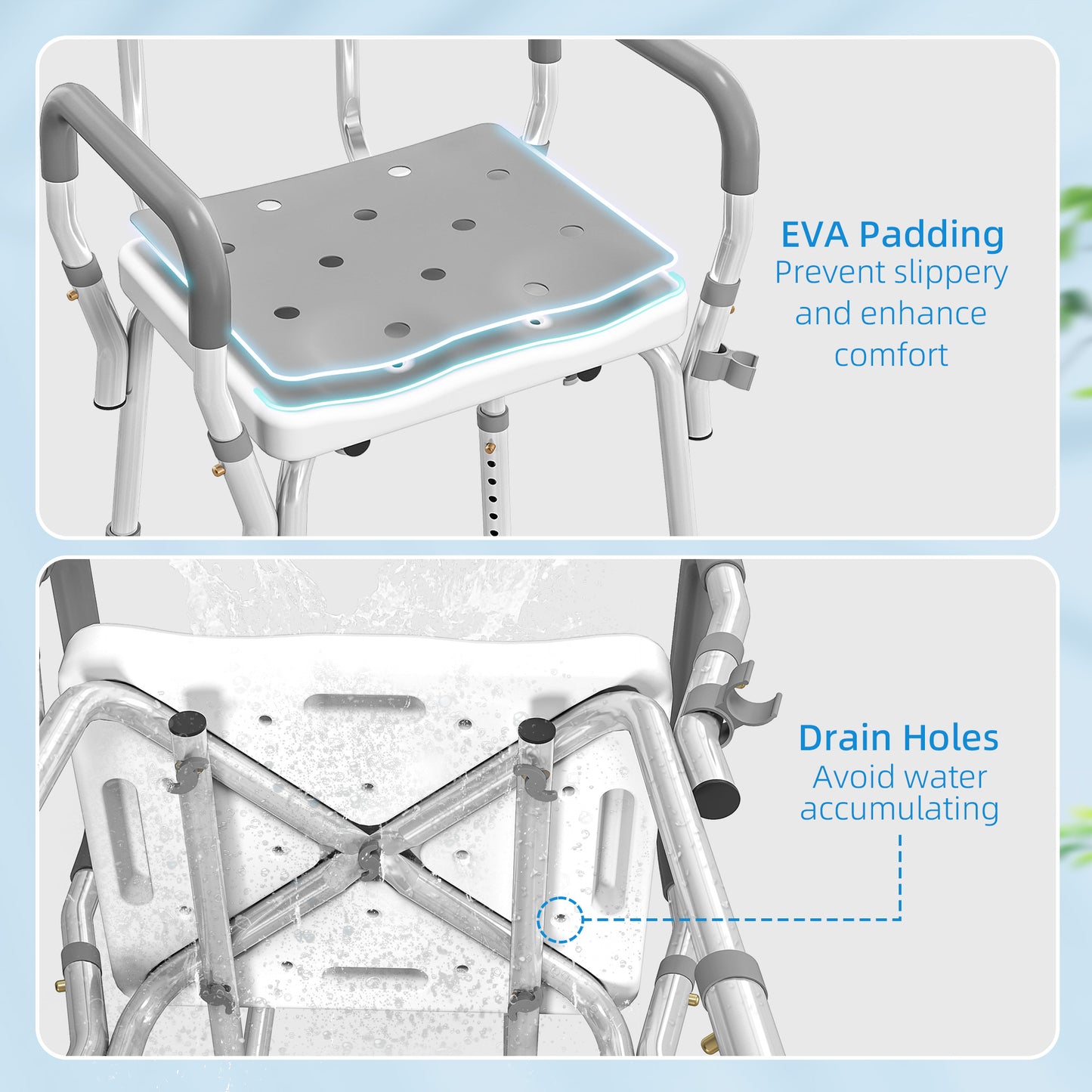 EVA Padded Shower Chair for the Elderly and Disabled, Height Adjustable Shower Stool with Back and Arms, 4 Suction Foot Pads