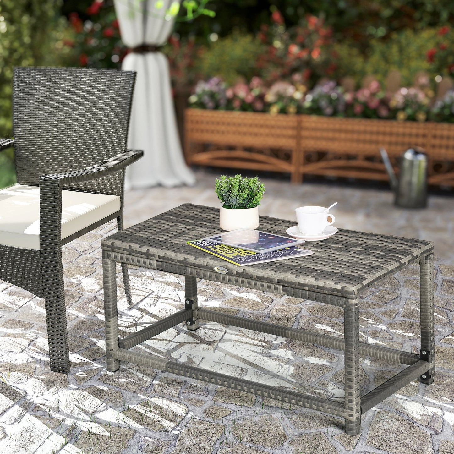 Outdoor Coffee Table Side Table with Rectangular Shape Frame for Patio, Balcony, Mixed Grey