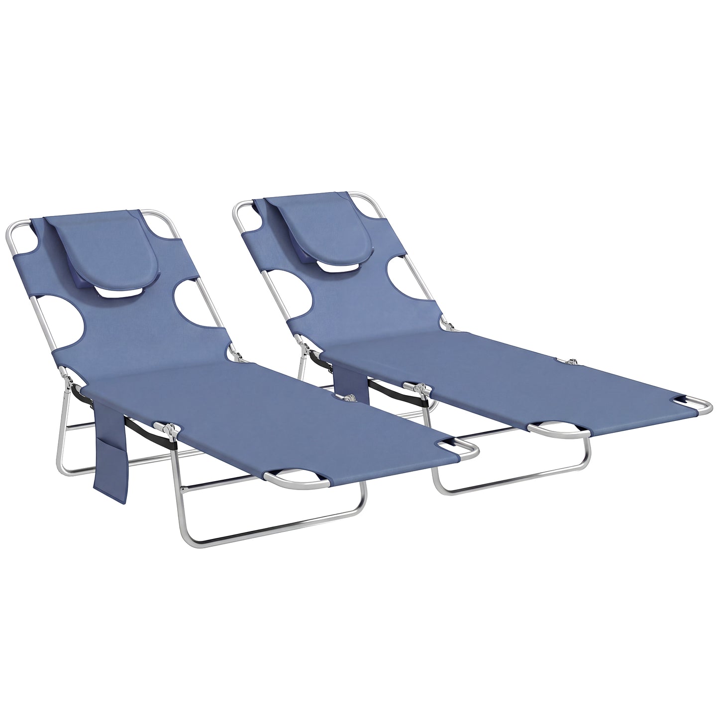 5-Position Adjustable Sun Loungers Set of 2 with Reading Hole and Side Pocket, Grey
