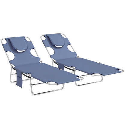 5-Position Adjustable Sun Loungers Set of 2 with Reading Hole and Side Pocket, Grey