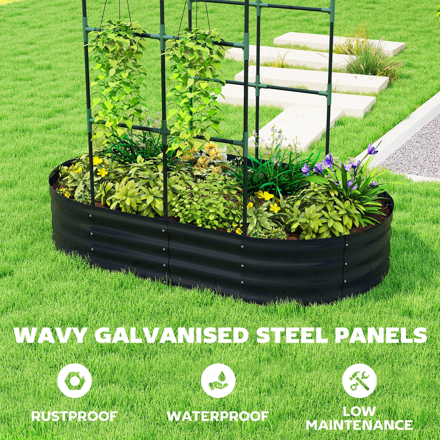Galvanised Raised Garden Bed with Arched Trellis, 5 x 3 x 6ft Metal Raised Bed for Garden with Open Bottom, Dark Grey