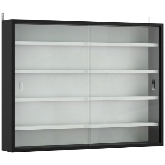 5-Tier Wall Display Cabinet, Wall Mounted Display Case w/ 4 Adjustable Shelves, Glass Doors, 60x80cm, Black and White