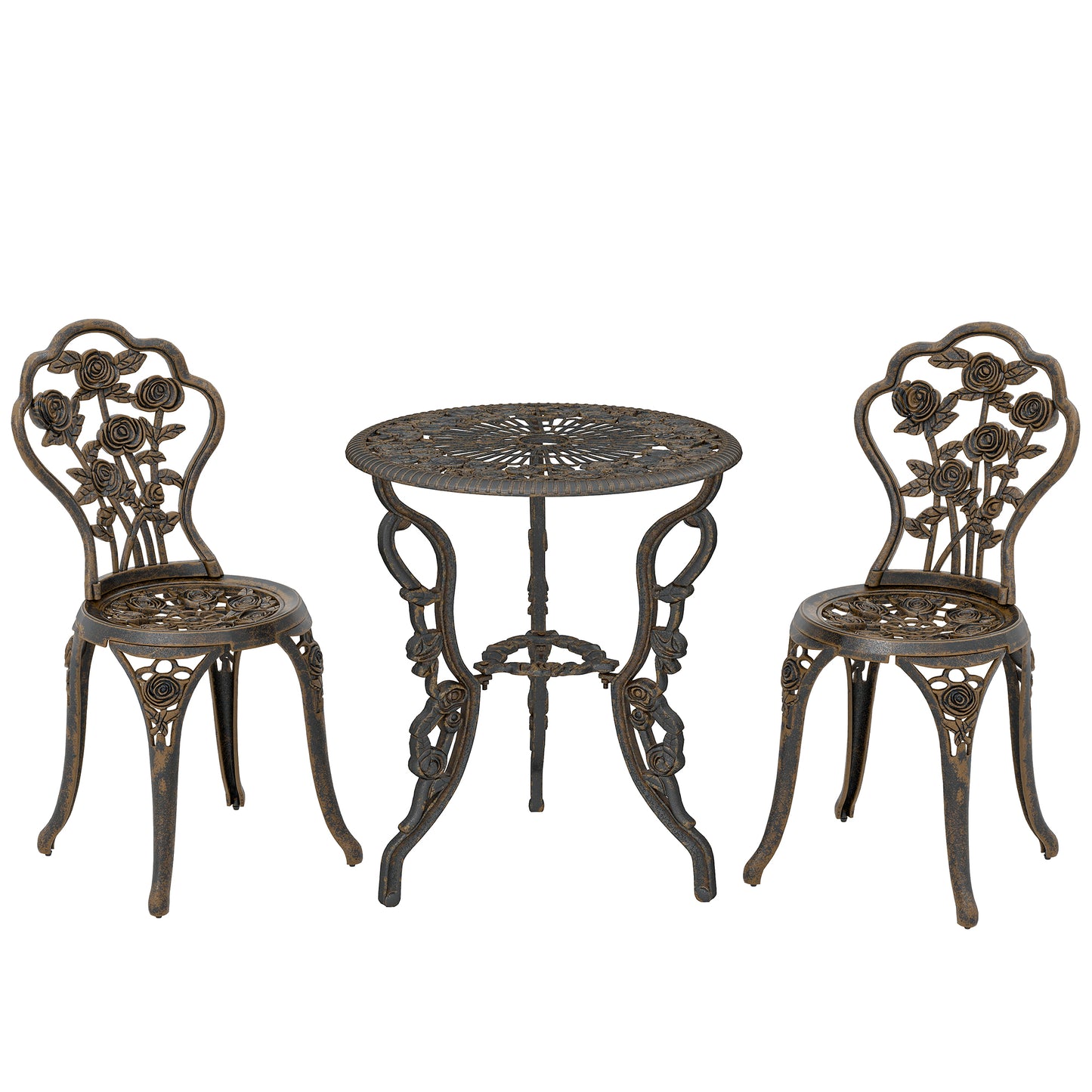 Outdoor Bistro Set Vintage Rose Design Patio Furniture Set with Round Table and 2 Chairs Metallic Finish