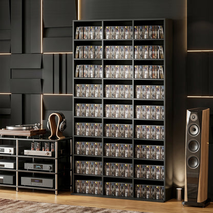 835 CD/500 DVD Storage Unit, Blu-ray Media Storage Shelf with 27 Compartments and 21 Adjustable Shelves, Black
