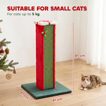 Cat Scratching Post for Indoor Cats, 81cm Tall Cat Scratcher with Sisal Rope, Hanging Bell Toy, Stable Base, Green & Red