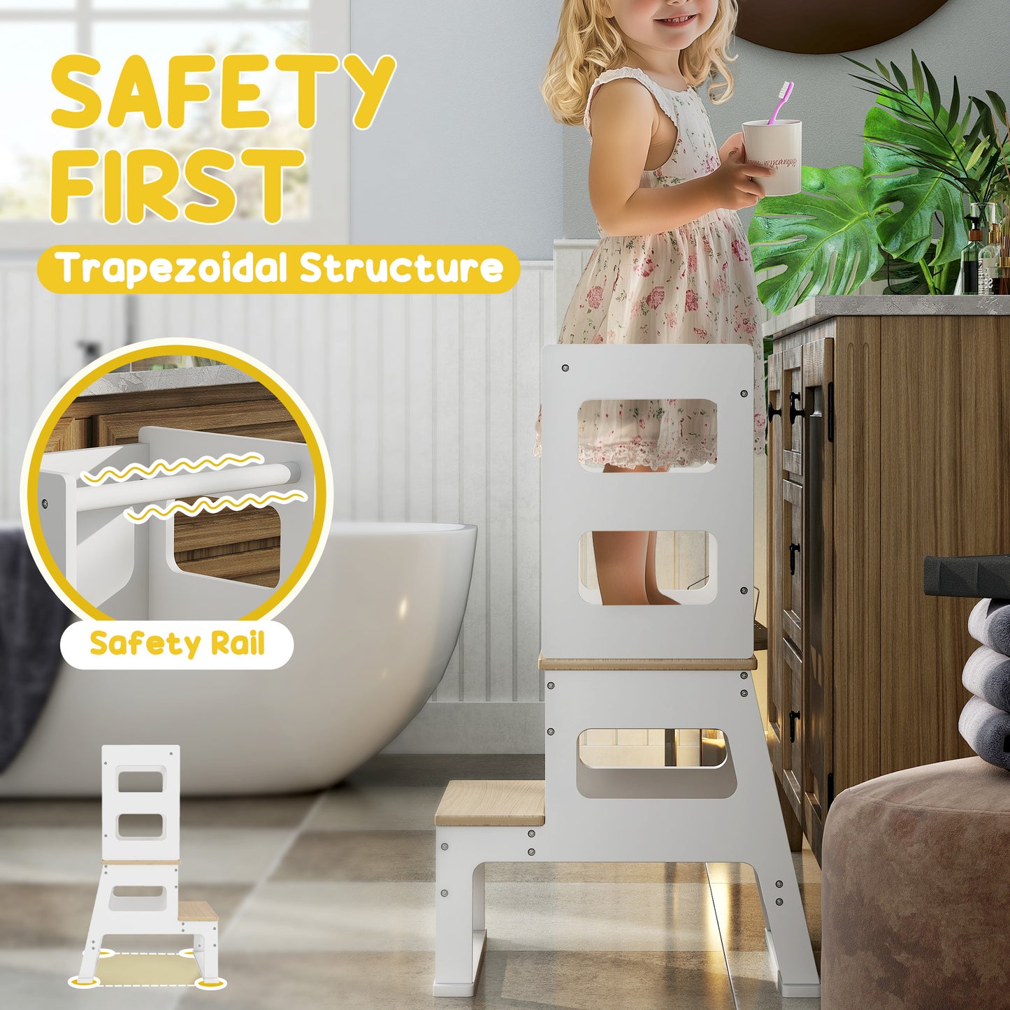 2-in-1 Toddler Tower with Chalkboard, Safety Rail for Kitchen, Counter, Bathroom, Sink, White