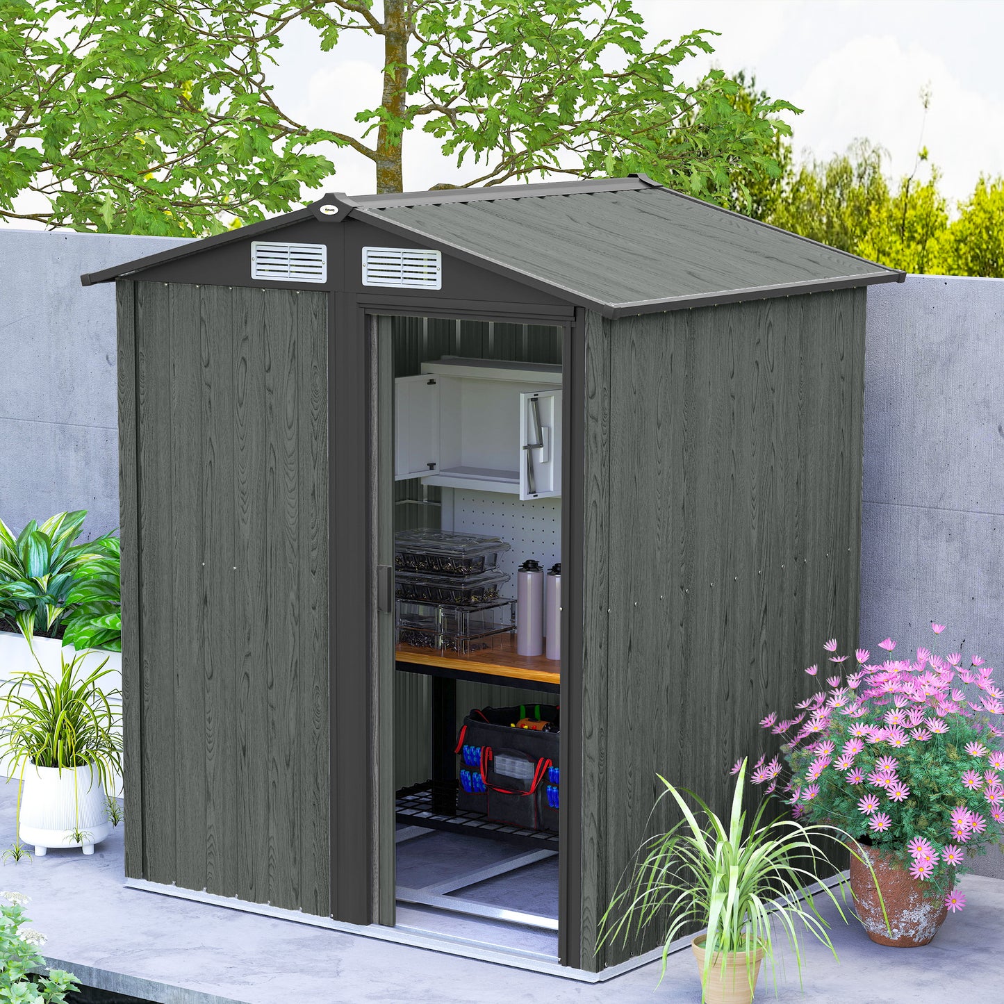 4.3 x 5ft Outdoor Garden Storage Shed - Grey Wood Effect