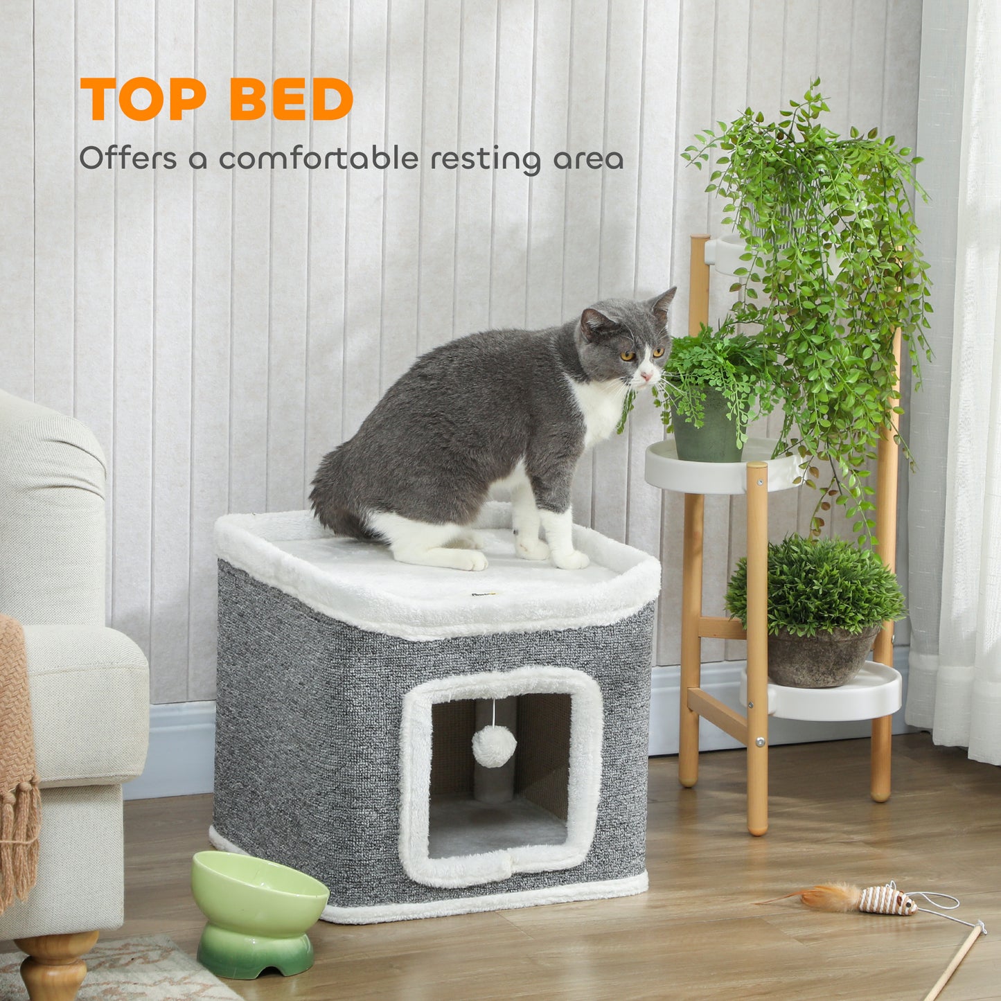 Cat House for Indoor Kittens, 2-Level Cat Cave Bed with Fluffy Balls, Top Bed, Kitten Barrel for Multi Kitties, Grey