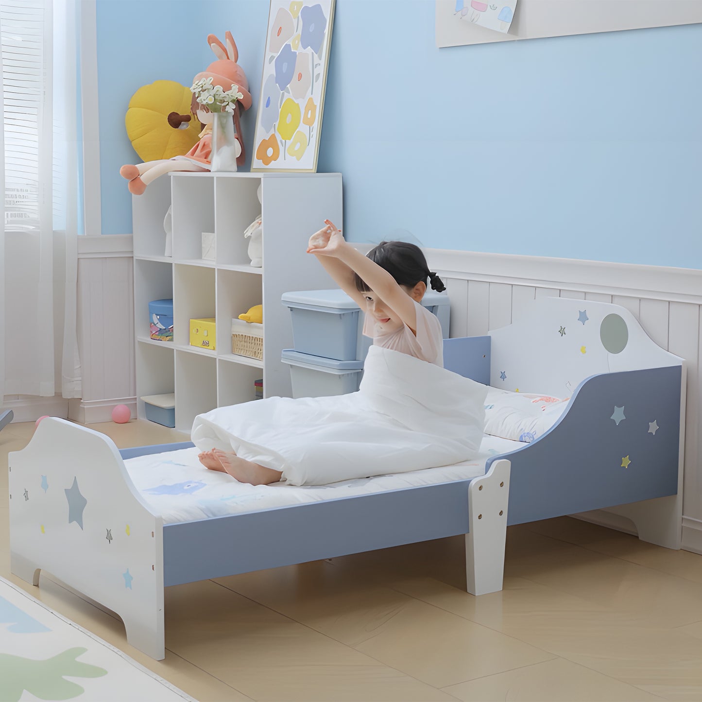 Toddler Bed Frame, Kids Bedroom Furniture for Boys Girls with Safe Guardrails, Low Junior Blue