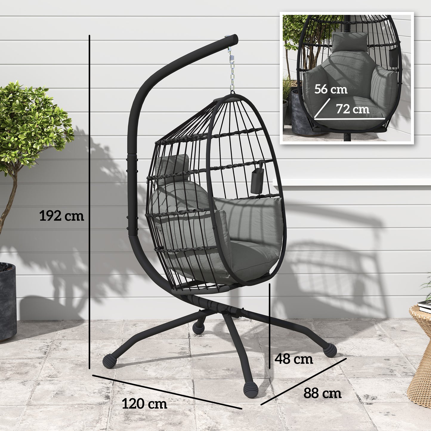 Hanging Egg Chair Outdoor Indoor Garden Swing Chair with Folding Basket and Thickened Cushion