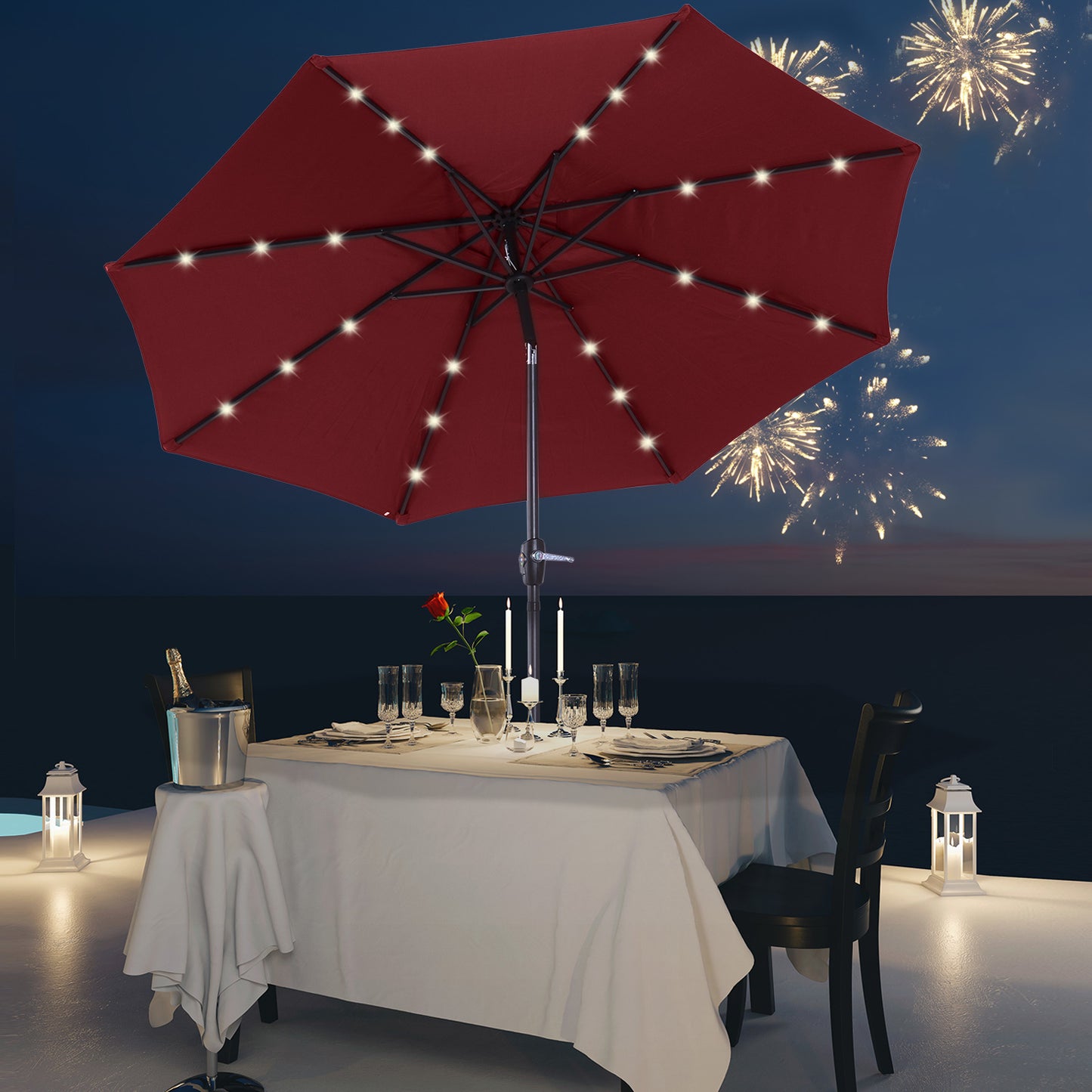 Φ2.7m Garden 24 LED Light Parasol Solar Outdoor Tilt Sun Umbrella Patio Club Party Event Manual Sun Shade w/ Hand Crank and 8