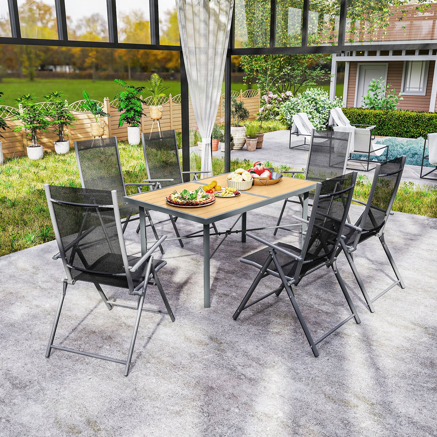 Garden Table for 6, 150 cm Rectangular Outdoor Dining Table with 5 cm Umbrella Hole, Wood Effect Top, Rust Resistant Frame