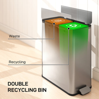 Dual Kitchen Bin with Soft-Close Butterfly Lid, 2 x 28L Stainless Steel Pedal Bin with Removable Inner Buckets