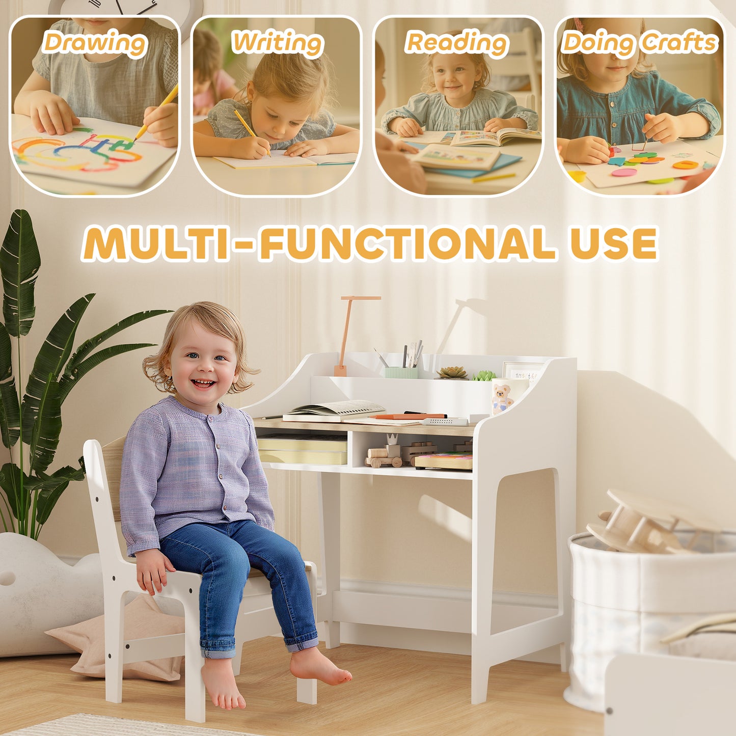 Kids Desk and Chair Set, Children Study Table with Storage and Shelves for Study Room, Gift for 3-8 Years, Natural