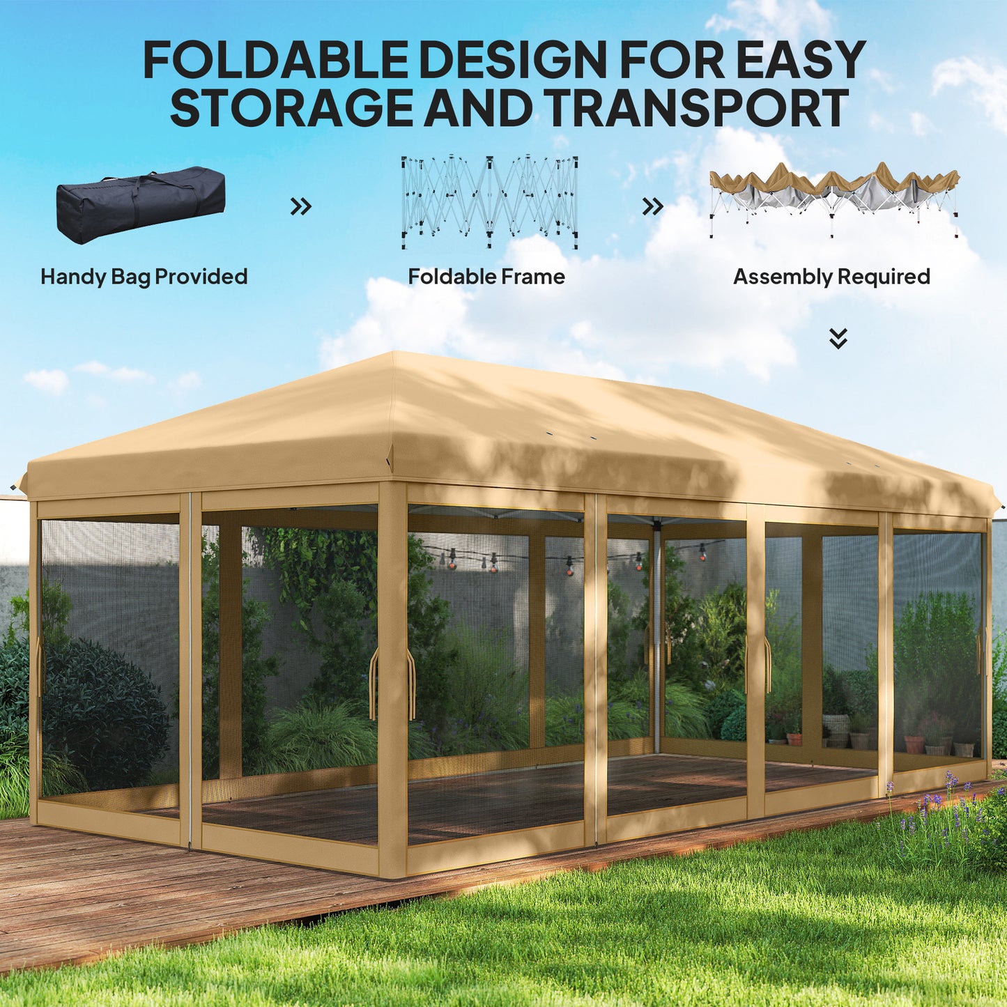 3 x 6m Pop Up Gazebo, Outdoor Canopy Shelter, Marquee Party Wedding Tent with 6 Mesh Walls and Carry Bag, Beige