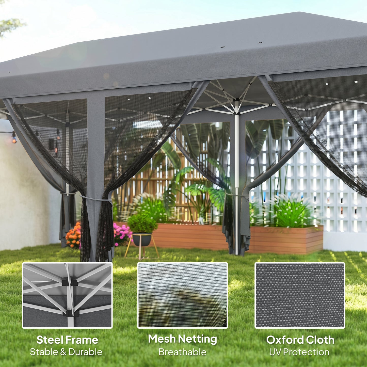 3 x 6m Pop Up Gazebo, Outdoor Canopy Shelter, Marquee Party Wedding Tent with 6 Mesh Walls and Carry Bag, Grey