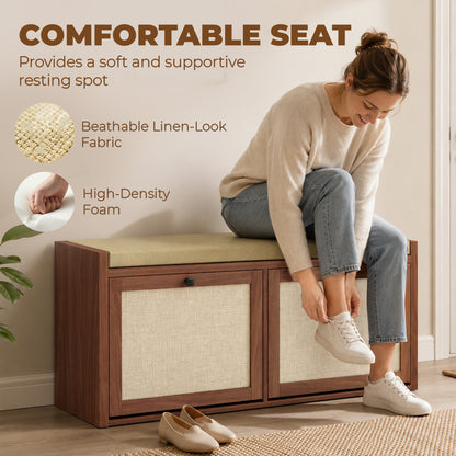 Rattan Shoe Bench with Padded Cushion and 2 Cabinets for Hidden Storage, Brown