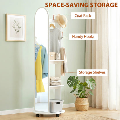 2-in-1 Full Length Mirror with Storage Shelves, Floor Mirror with 4 Wheels, Coat Rack, Hooks, White
