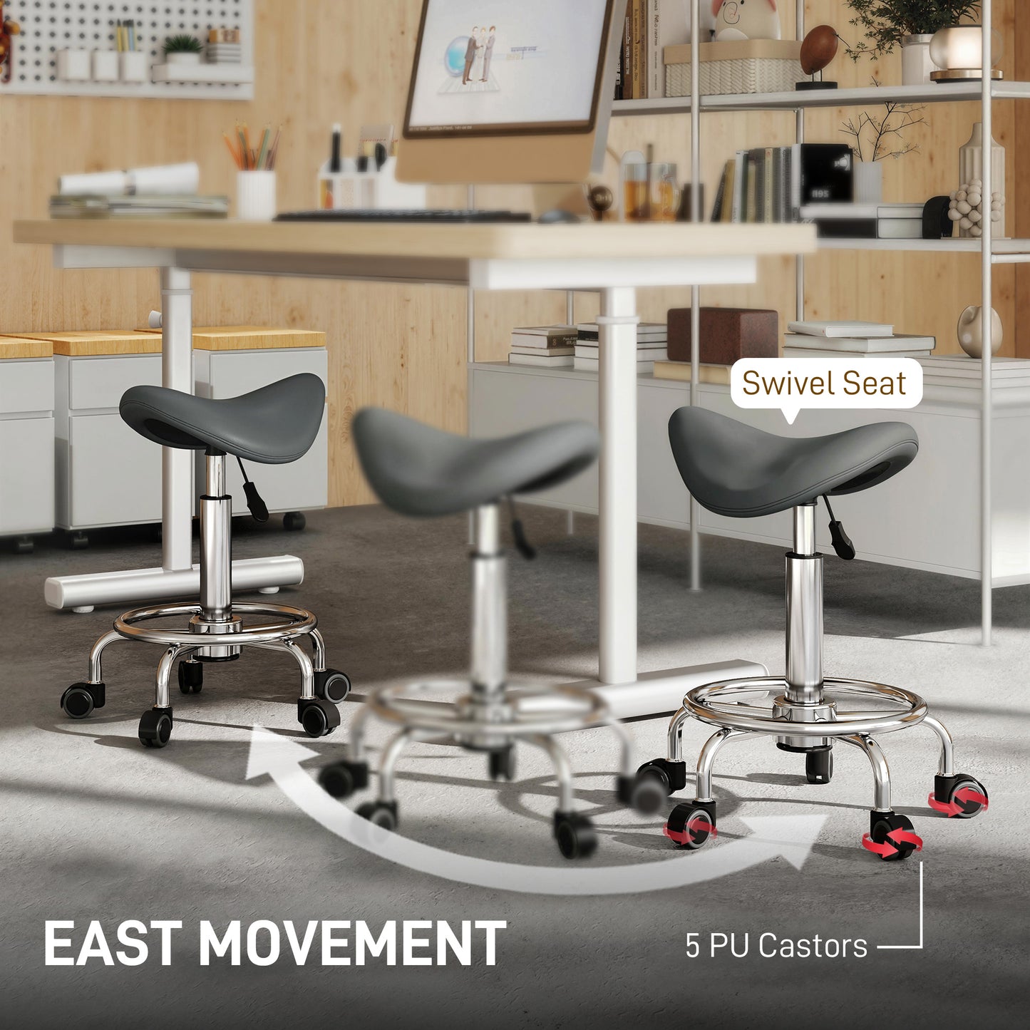 Salon Saddle Stool, Rolling Saddle Chair for Massage, Spa, Clinic, Beauty, Hairdressing and Tattoo, Grey