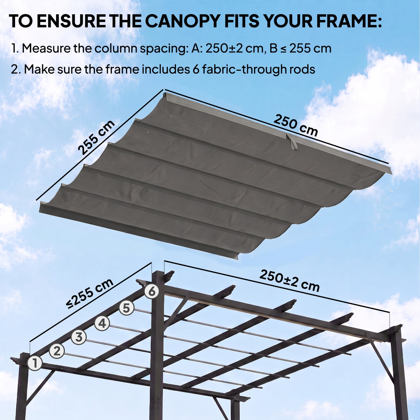 Retractable Pergola Cover, 2.55 x 2.5 m Replacement Canopy Fabric for 3 x 3 m Frame, Roof Top Only, Light Grey