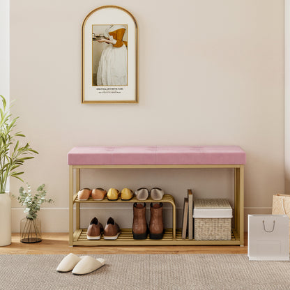 Bench and Shoe Storage, Tufted Shoe Storage Bench with Velvet Seat Cushion Gold Steel Frame for Entryway, Pink