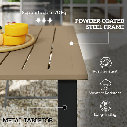 Garden Dining Table for 6 with Parasol Hole, Rectangle Outdoor Garden Table with Slatted Metal Top, Steel Frame, Brown