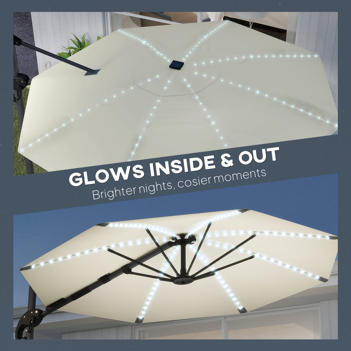3(m) Cantilever Garden Parasol with Solar Powered Lights, Crank Handle & Cross Base, UPF 50+, 360° Rotation, Cream