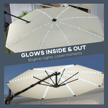 3(m) Cantilever Garden Parasol with Solar Powered Lights, Crank Handle & Cross Base, UPF 50+, 360° Rotation, Cream