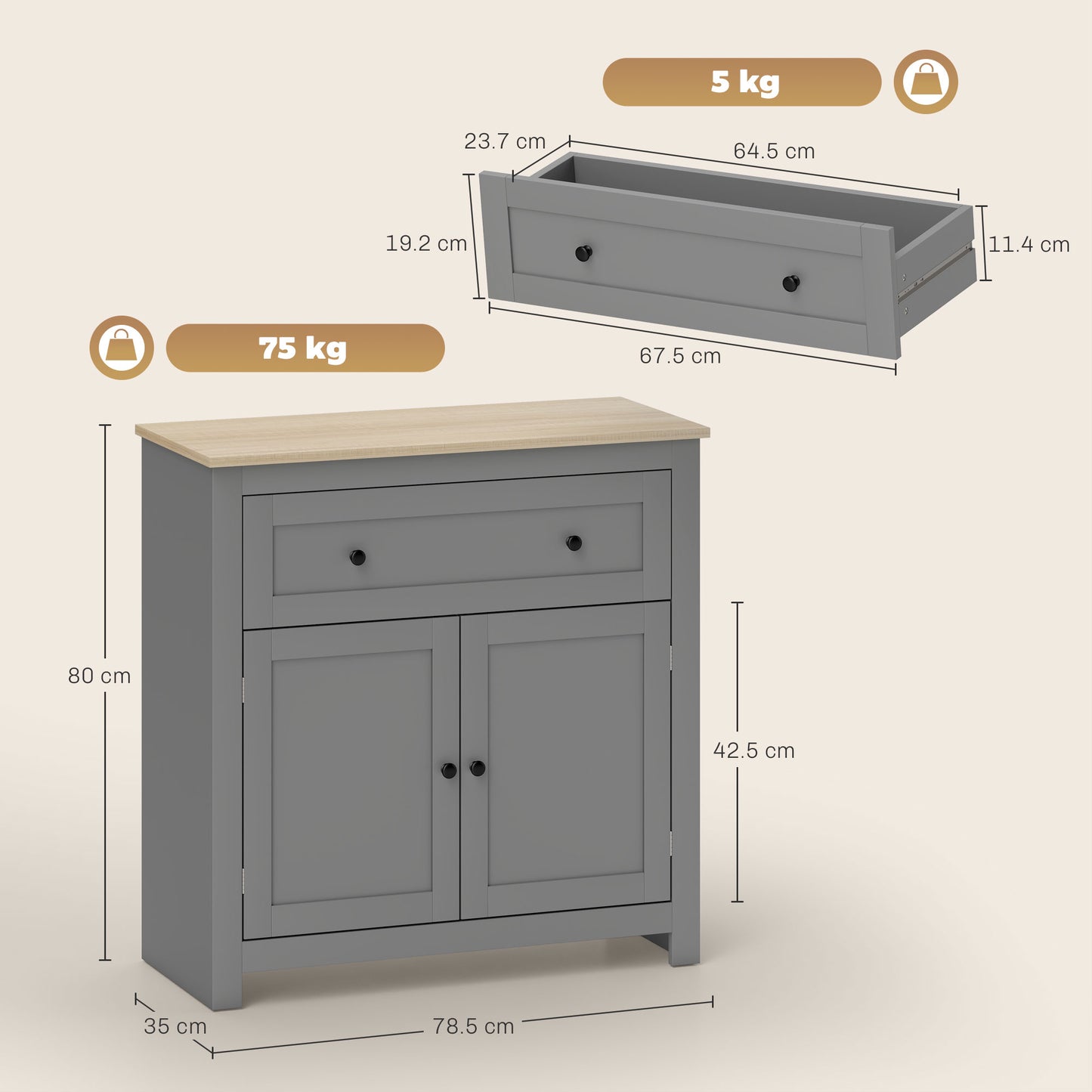 Sideboard Storage Cabinet, Morden Kitchen Cupboard with Adjustable Shelf, Drawer and Double Doors, Sideboard for Living Room