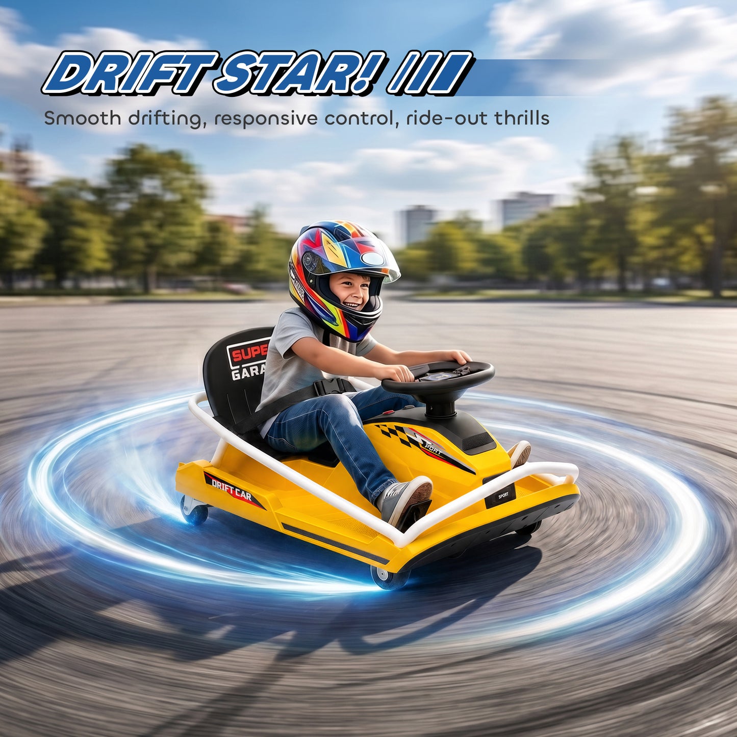 24V Electric Go Kart for Kids with Drift Mode, 300W Brushless Motor, Soft Start and Dual Speed for Ages 6-10, Yellow