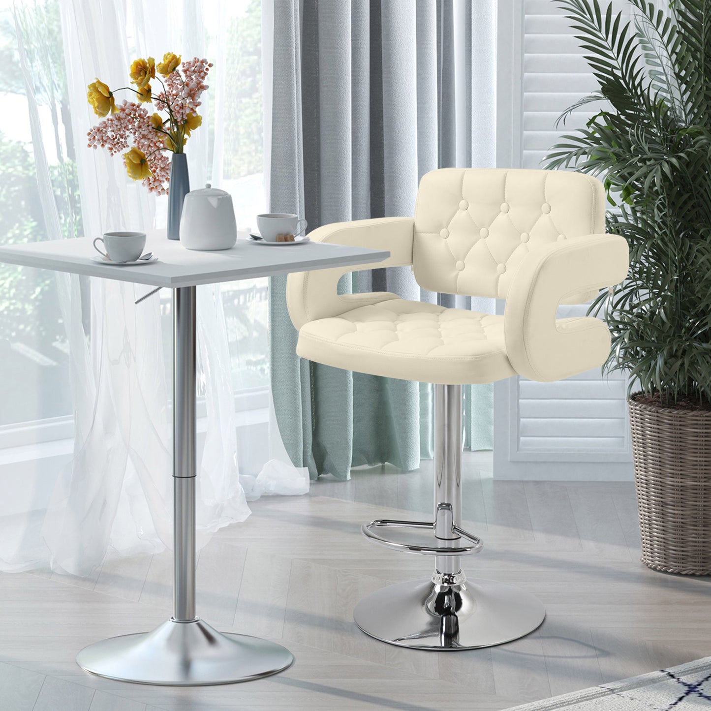PU Leather Upholstered Swivel Bar Stool, Height Adjustable with Back, Armrest, Footrest, Beige