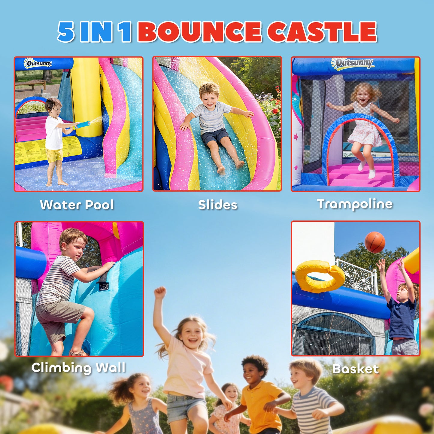 5 in 1 Bouncy Castle, with Blower, for Ages 3-8 Years - Multicoloured