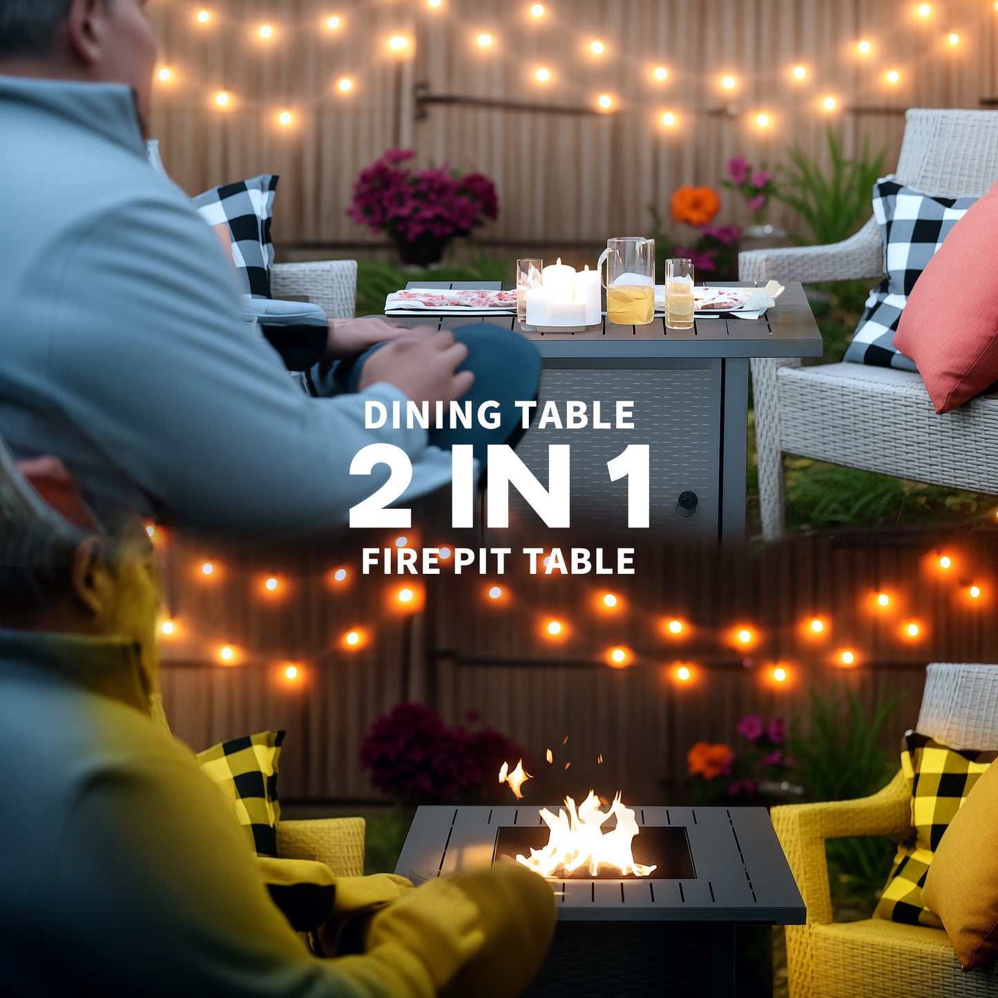 Rattan-style Propane Gas Fire Pit Table with 40,000 BTU Burner, Square Smokeless Firepit Patio Heater with Thermocouple