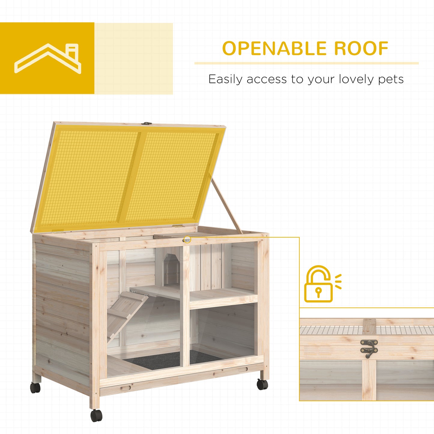 Rabbit Hutch Indoor with Wheels, Wooden Guinea Pig House Hamster Cage, 2 Layers Bunny Cage with Openable Roof