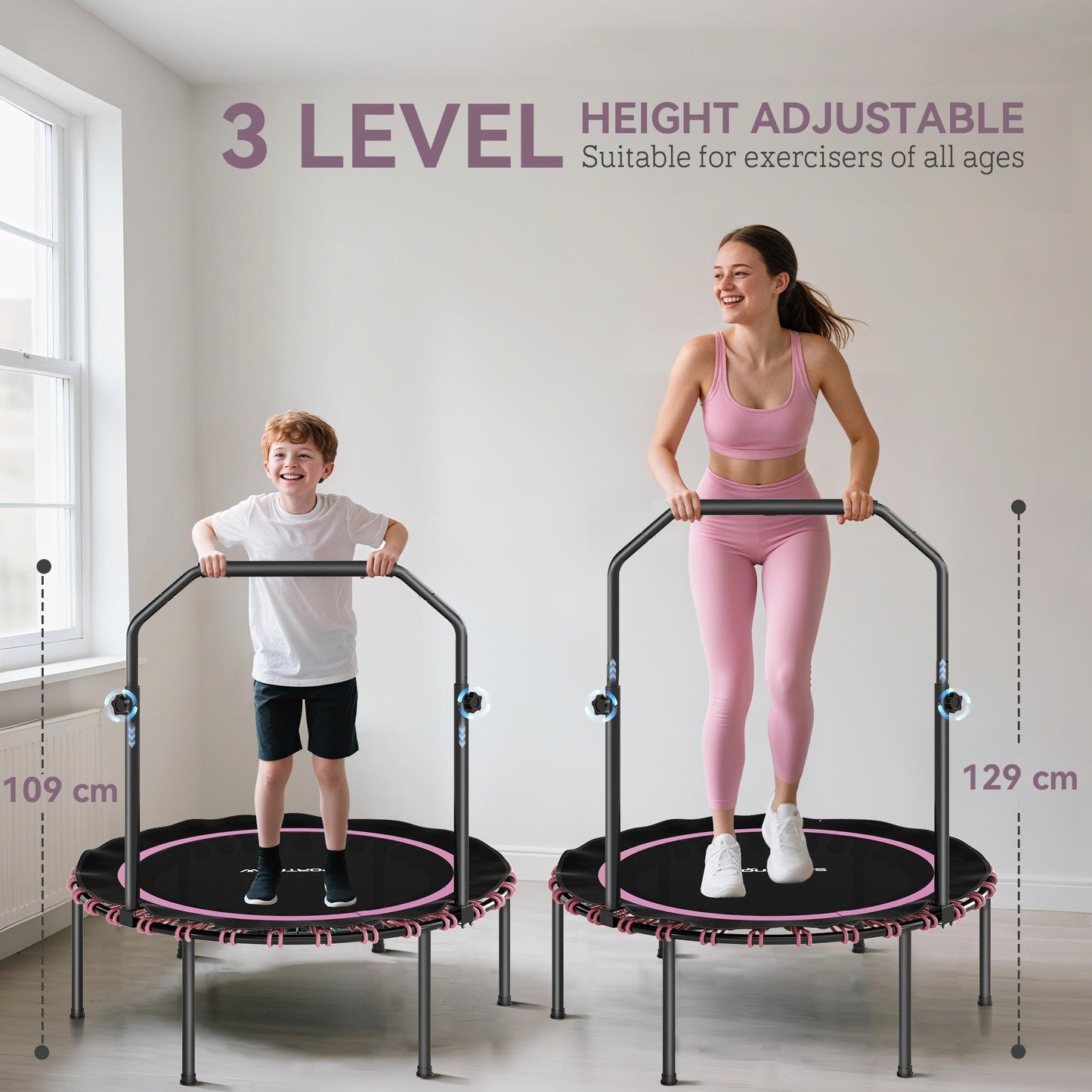 40" Foldable Fitness Trampoline Rebounder with Handle, Pink