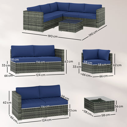 Four-Piece Rattan Sofa Set with 11 Cushions, Steal Frame, Blue