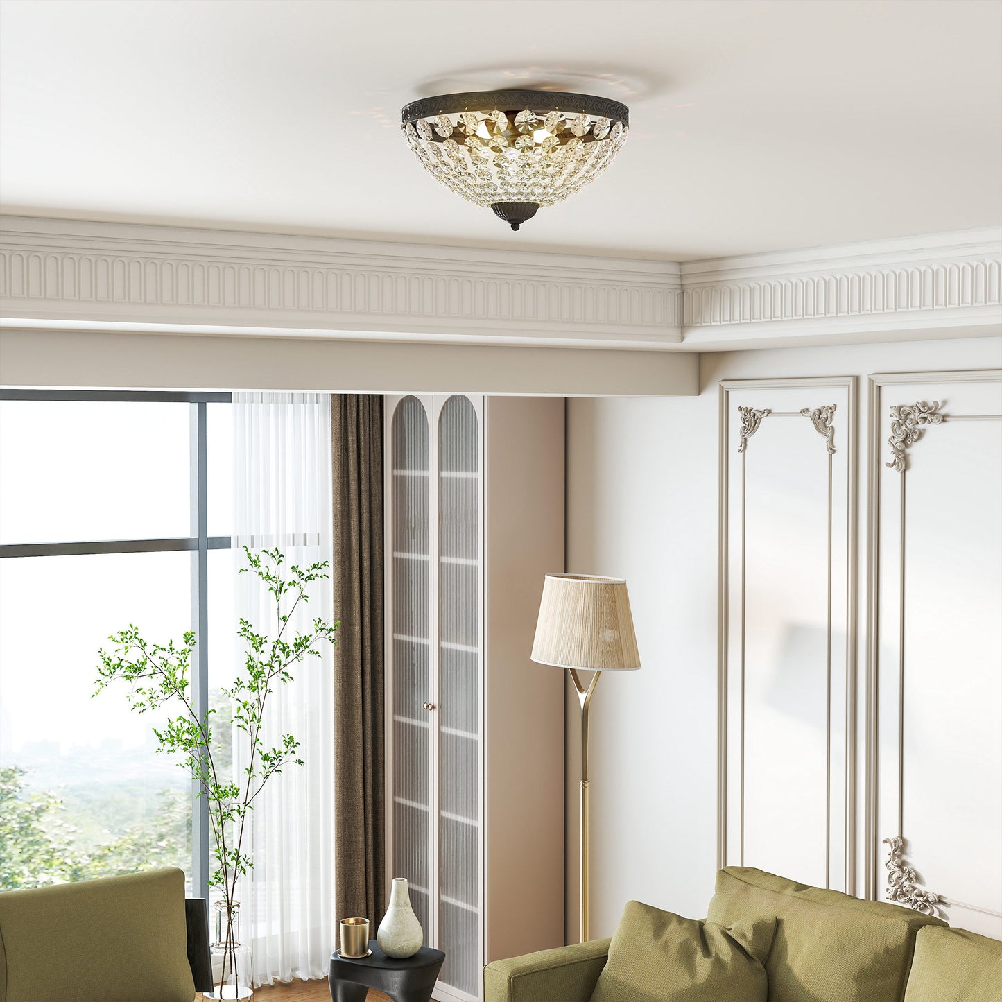 Crystal Chandelier Ceiling Light with 168 Octagonal Beads, Vintage 2-Light Flush Mount Ceiling Light for Living Room