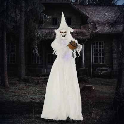 74 Inch Halloween Decorations White Witch Holding Pumpkin Head, Standing Skeleton Ghost Prop Life Size