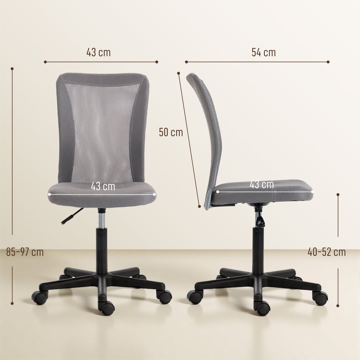 Computer Desk Chair, Mesh Office Chair with Adjustable Height and Swivel Wheels, Armless Study Chair, Grey