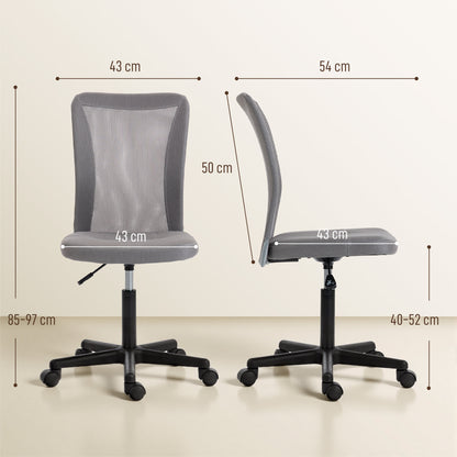 Computer Desk Chair, Mesh Office Chair with Adjustable Height and Swivel Wheels, Armless Study Chair, Grey