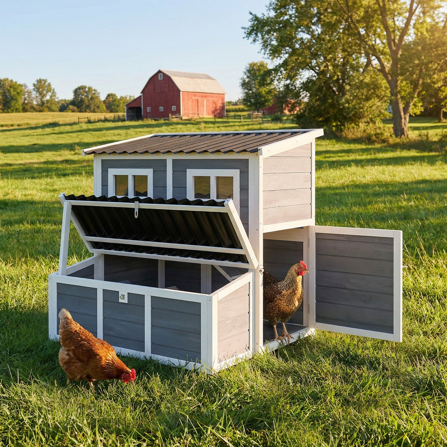 Wooden Chicken Coop with Nesting Box, Slide-Out Tray, Perches, for 2-4 Chickens, 100 x 86 x 100cm