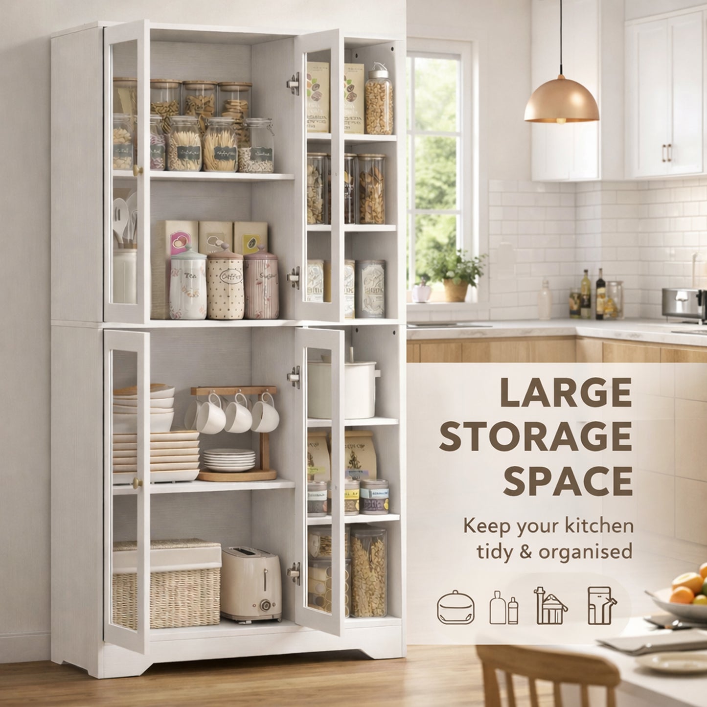 Multi-Storage Kitchen Cabinet, with Glass Doors - White Wood-Effect